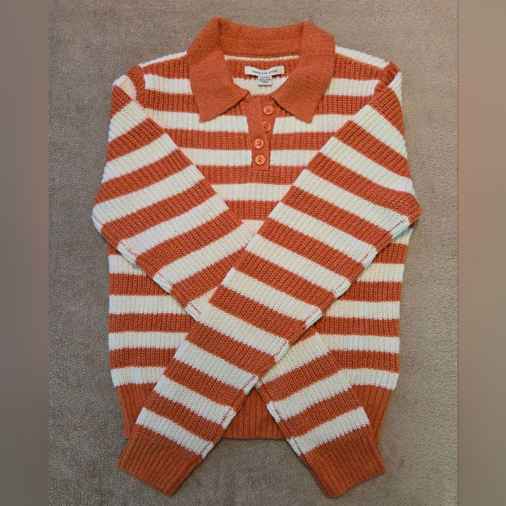 NWT American Eagle Collared Sweater With Orange And White Stripes, Size XS